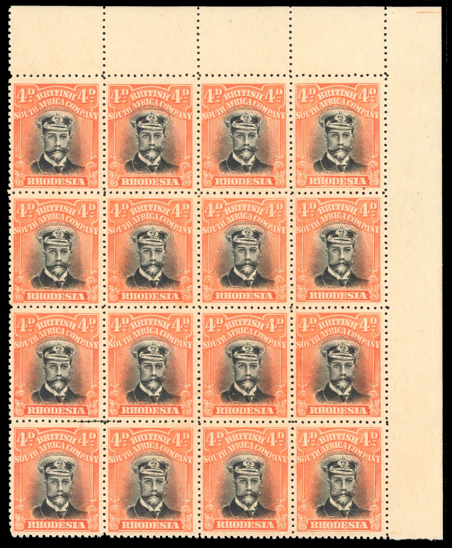 Rhodesia 4d SG 294 block with collar flaws mint