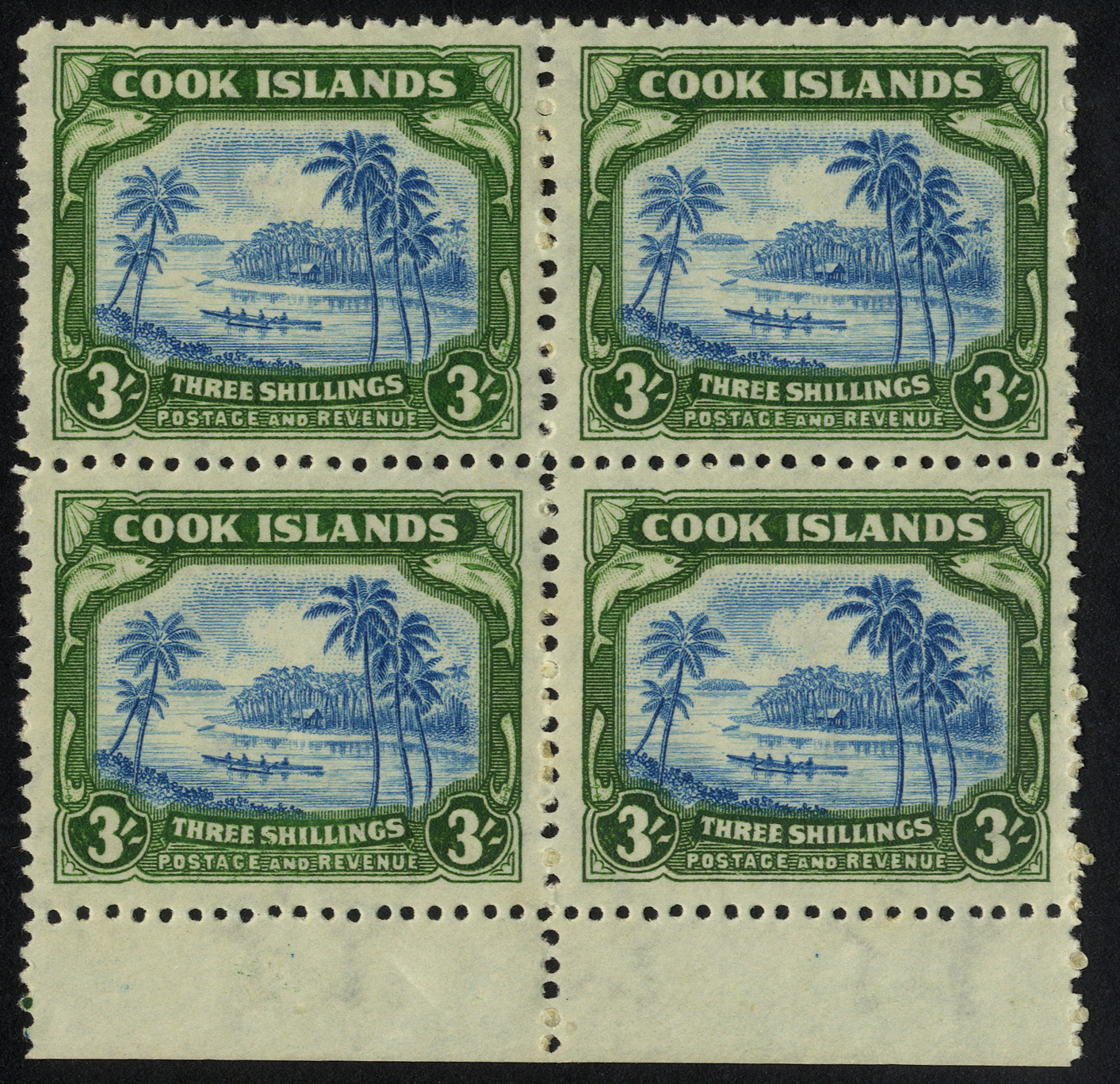 1945 3/- greenish blue and green multiple watermark, unmounted mint bottom marginal block of four. SG 145...