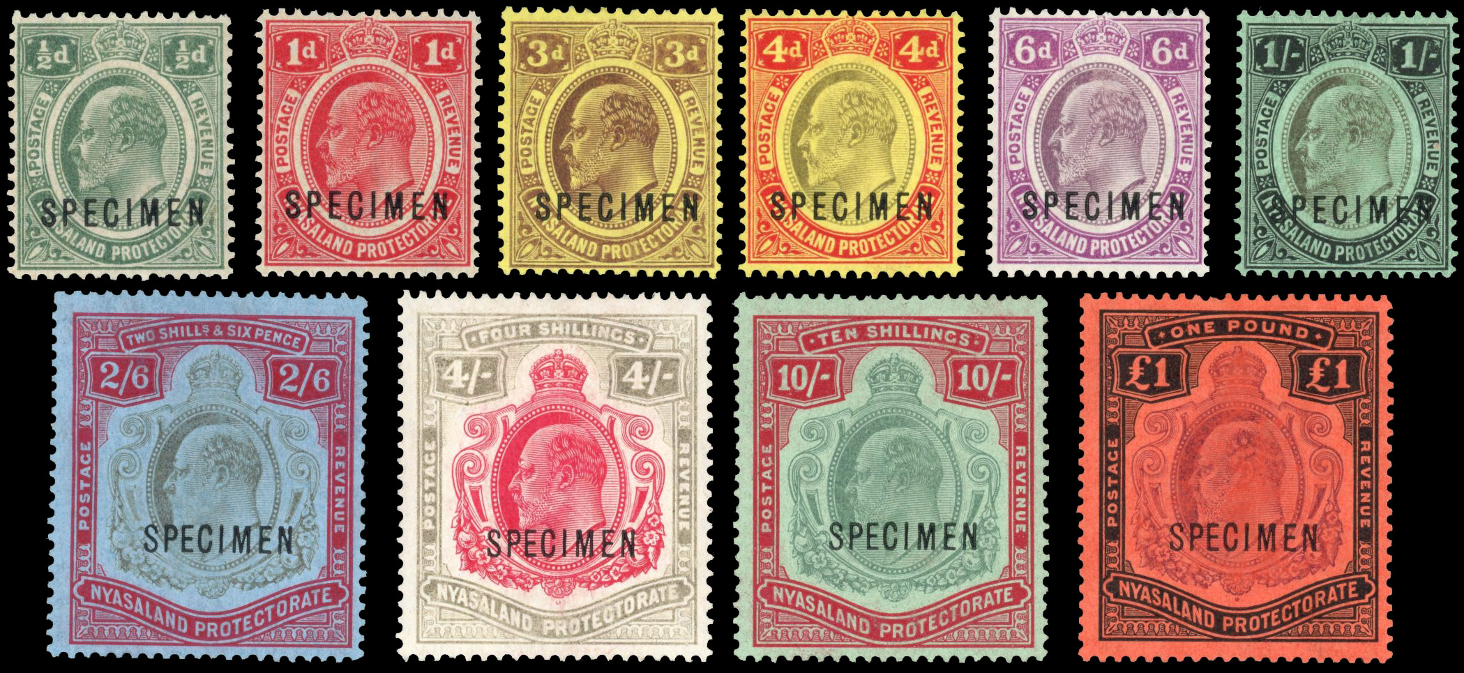 Nyasaland SG 72s-81s 1908 set Specimen