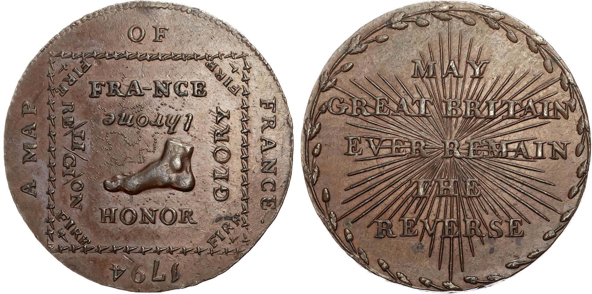 London,  Political Series , Mainwaring’s satirical Map of France Halfpenny 1794, Map of France with honour underfoot, fi …