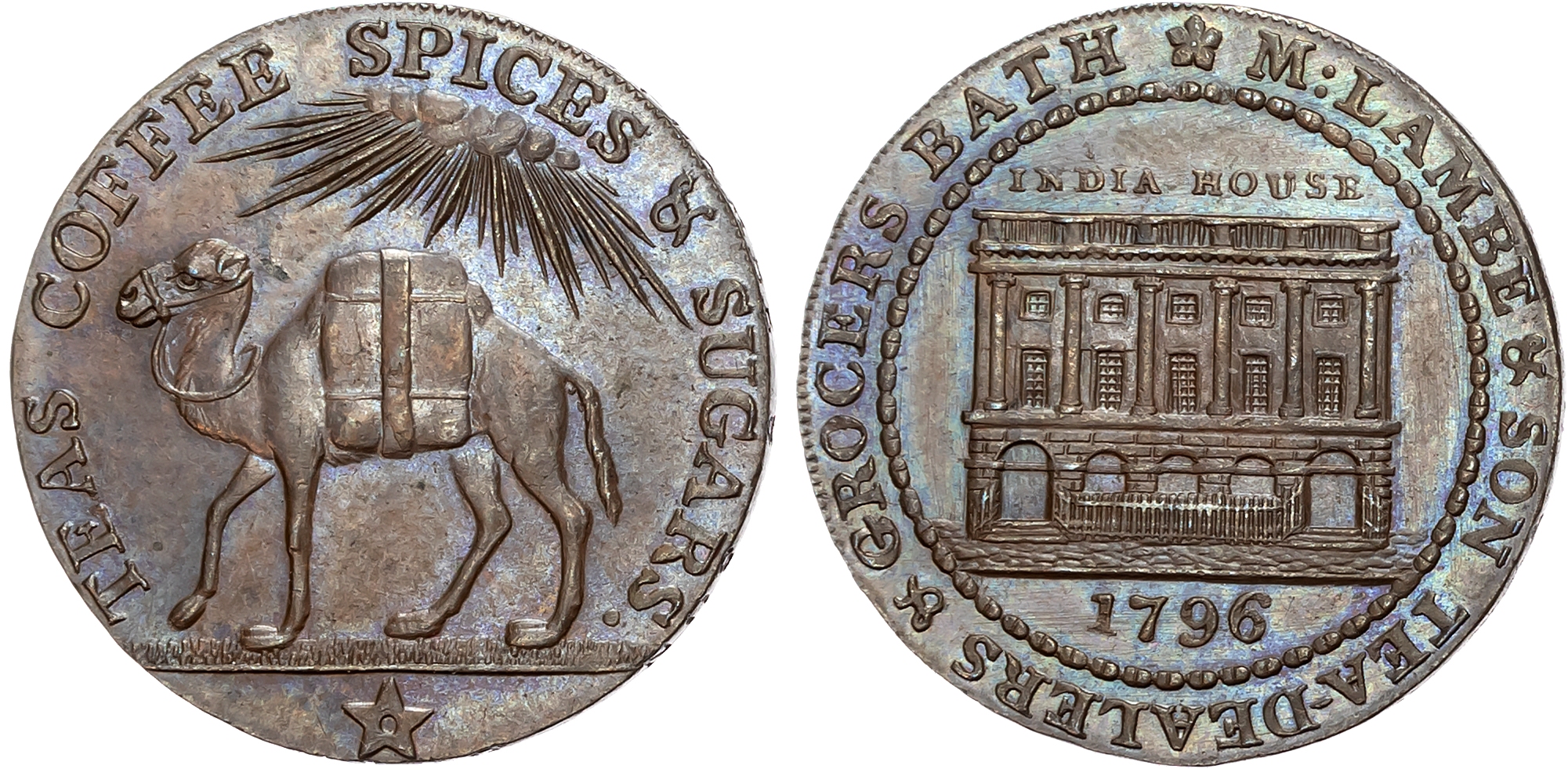 Som. Bath , Mary Lambe & Son (grocer) Halfpenny 1794, View of India House, rev . Camel standing left, rayed sun above, e …