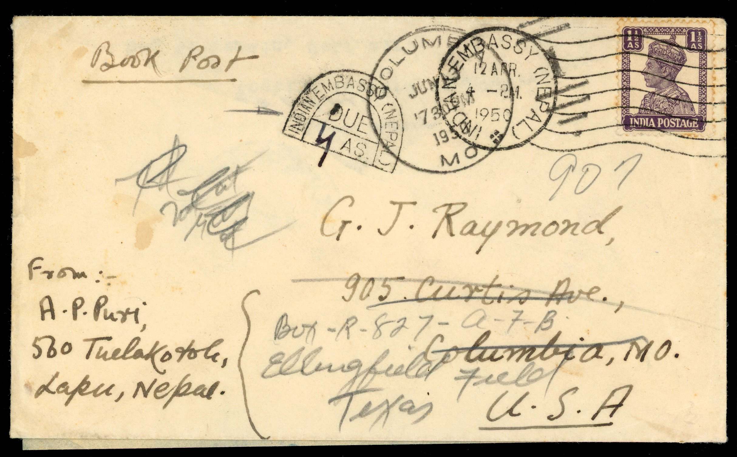 Nepal 1950 envelope with Indian stamp used from the Embassy