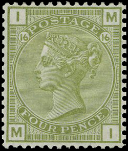Great Britain 1877 4d Sage green Pl.16. Superb unused...