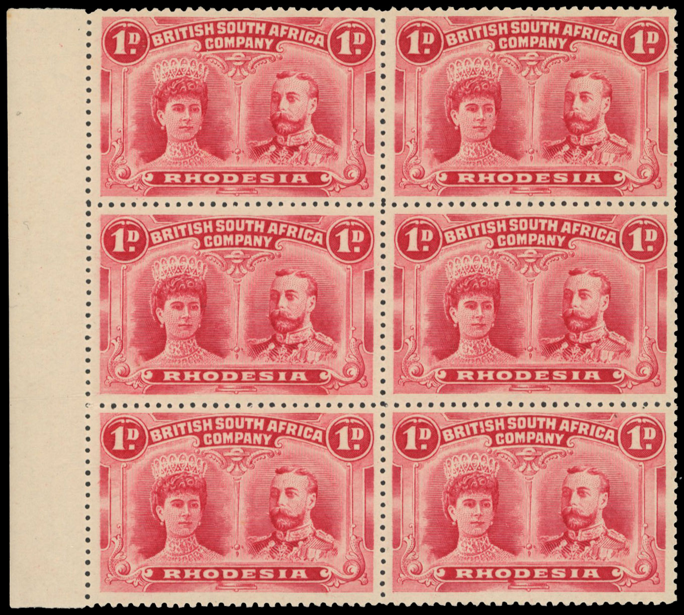 1d bright carmine SG 123 block, positions 71-92 mint