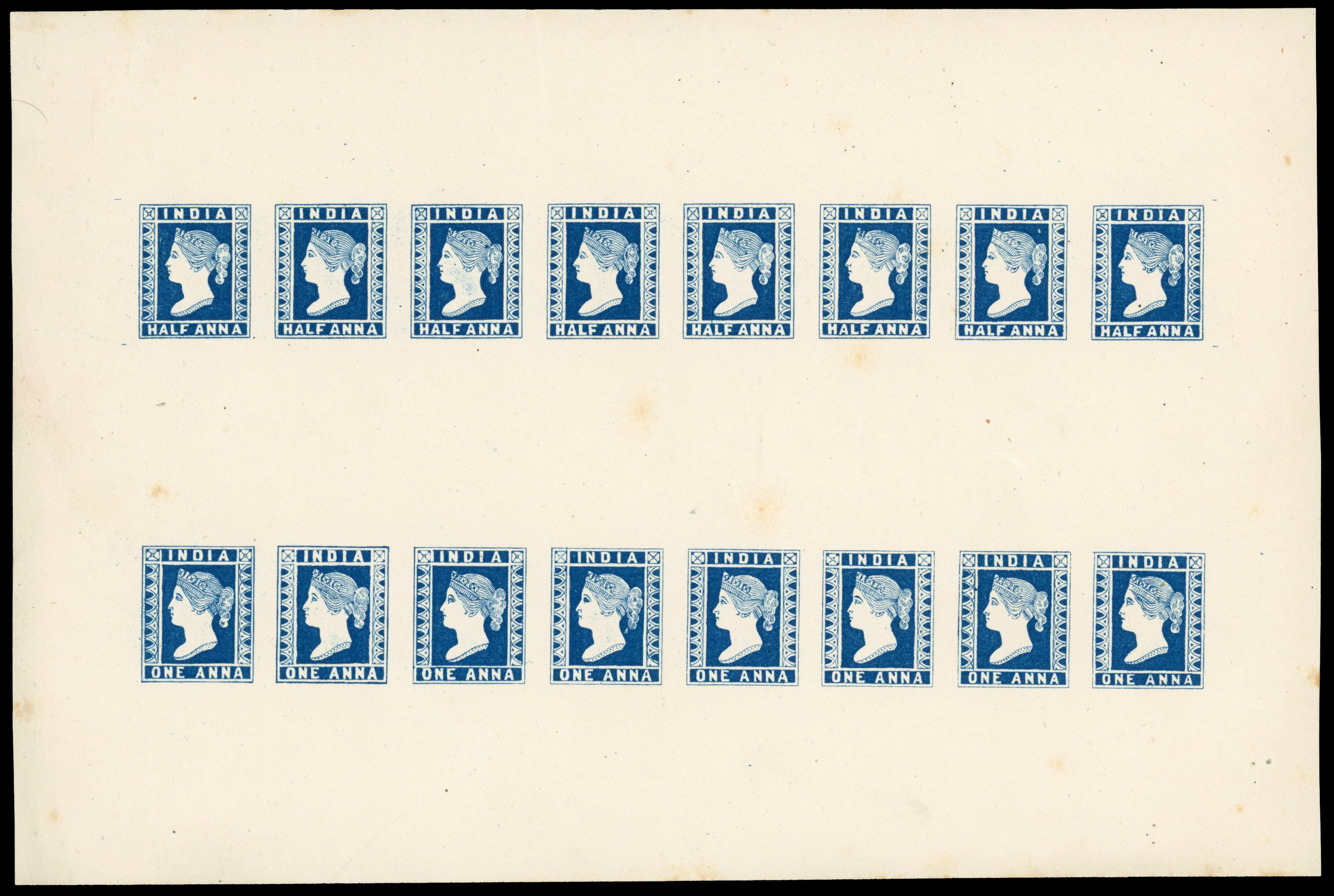 India 1854 essay ½a and 1a blue sheet
