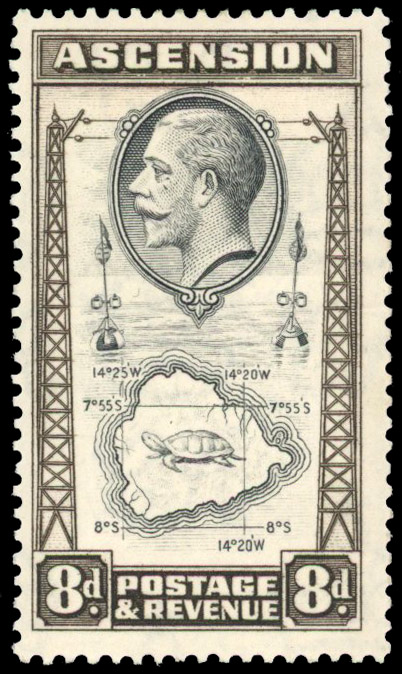 1934 8d black and sepia with ‘teardrop’ flaw, large part o.g. SG 27a