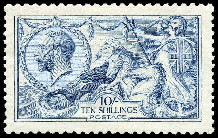 1915 10s Pale blue. Very fine and fresh unused o.g. example printed by DLR