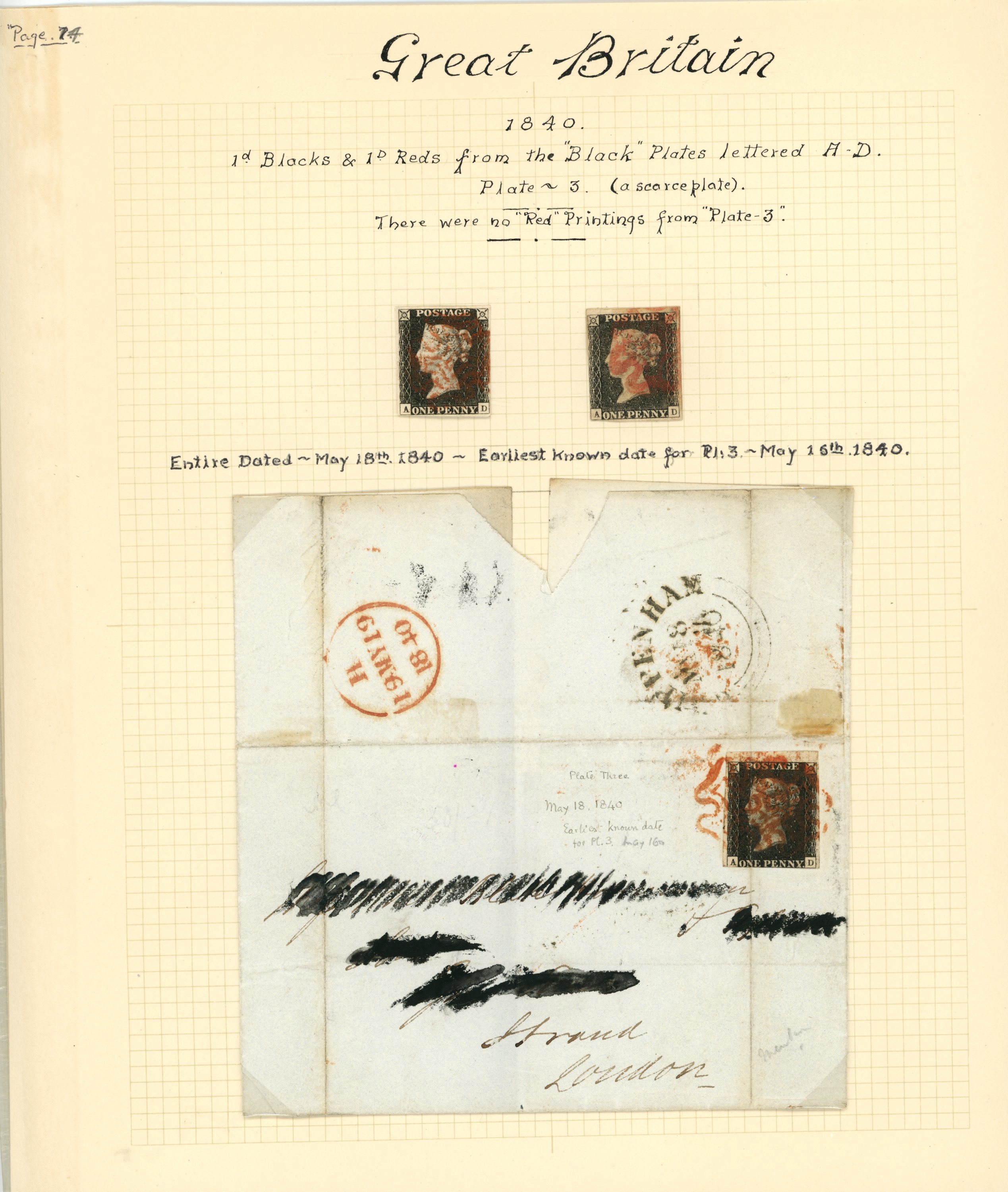 1840 1d black, Plate 3, three examples...