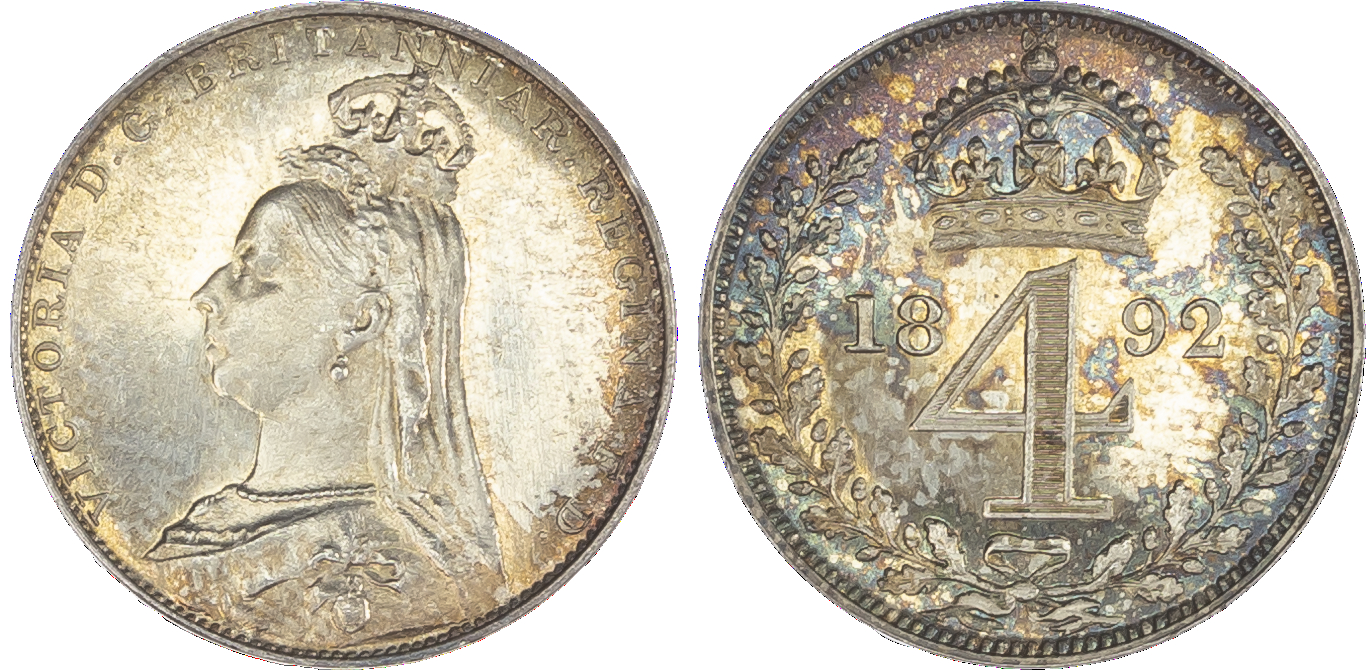 Victoria (1837-1901), Maundy set, 1892, Four, Three, Two and One Penny, each with Jubilee best left, legend and toothed