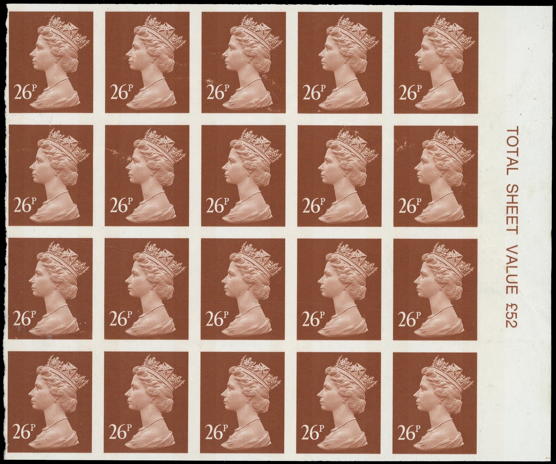 GB: 1996 26p red-brown (2 bands) imperforate right hand marginal block of 20 (5x4)