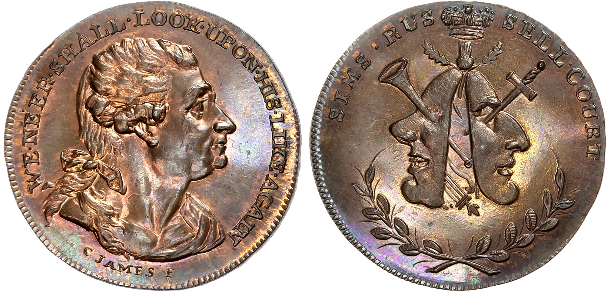 London, Russel Court , Sims (publican of the ‘Garrick Head’) Halfpenny undated, Bust right of Garrick, rev. Masks of com …