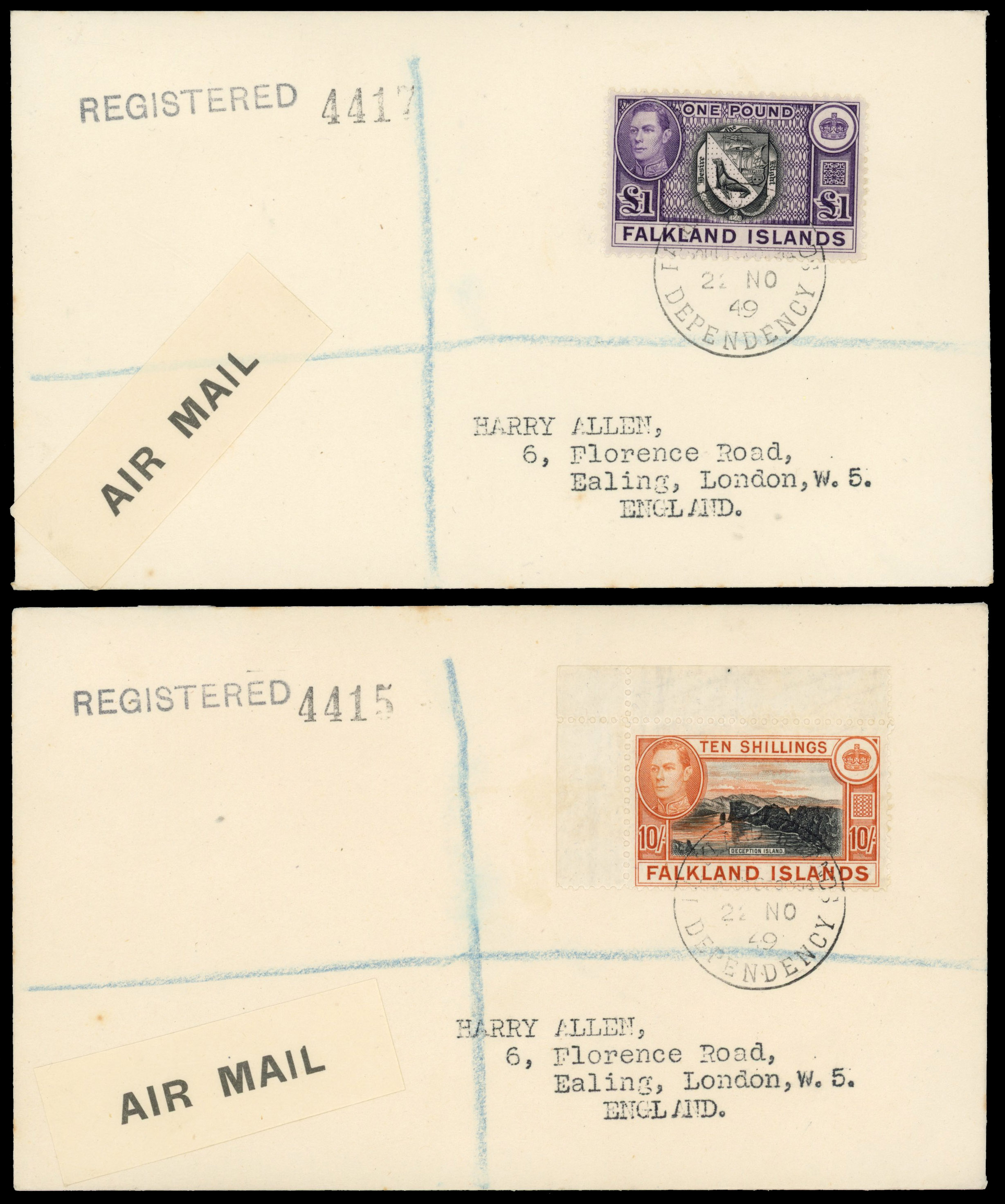 Falkland Islands 1944 printings of 2s6d to £1 on philatelic covers