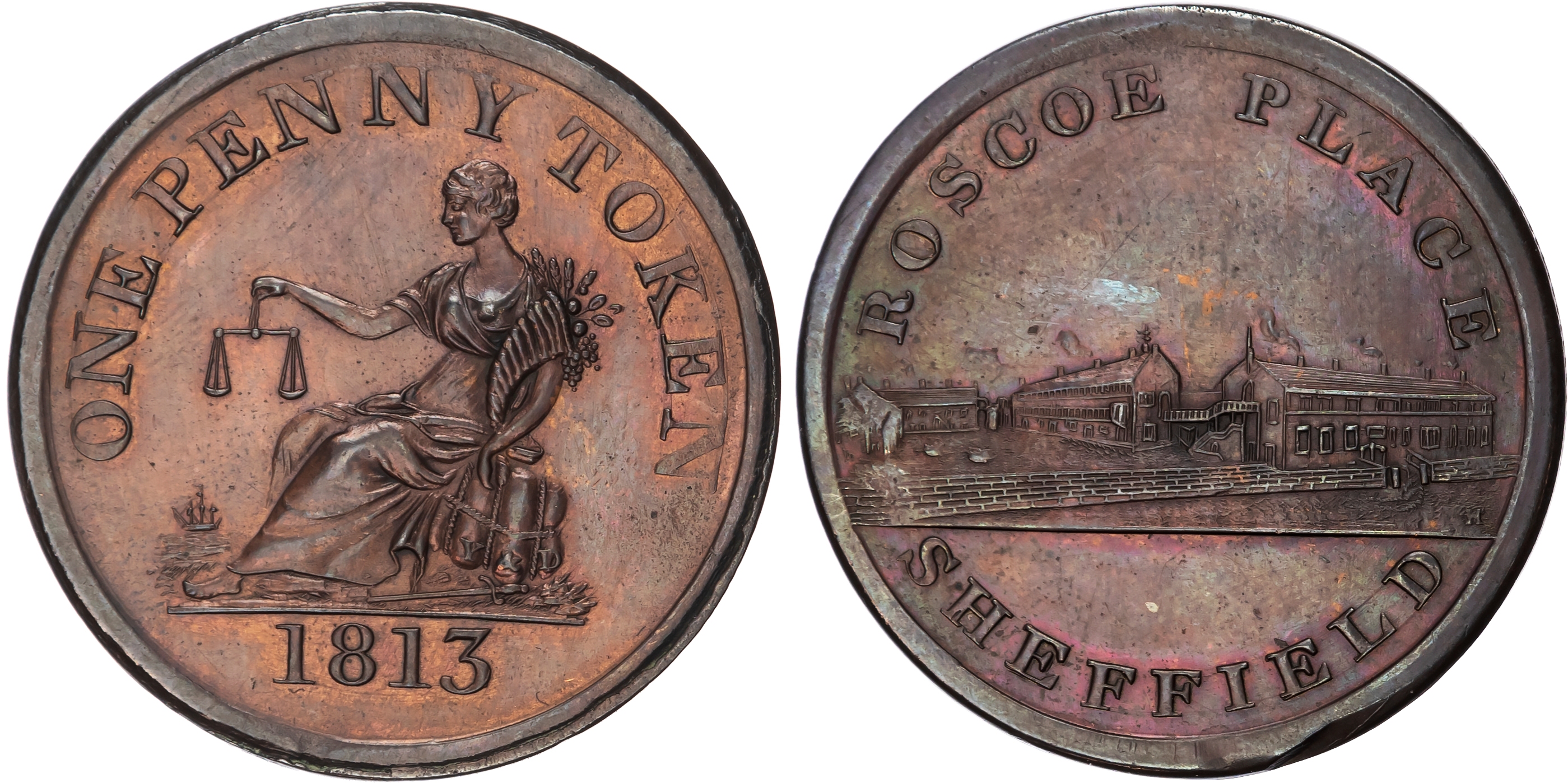 SHEFFIELD, Yorks. Shaw Jobson & Co, (iron goods manufacturers) Penny 1813, view of factory buildings at Roscoe…
