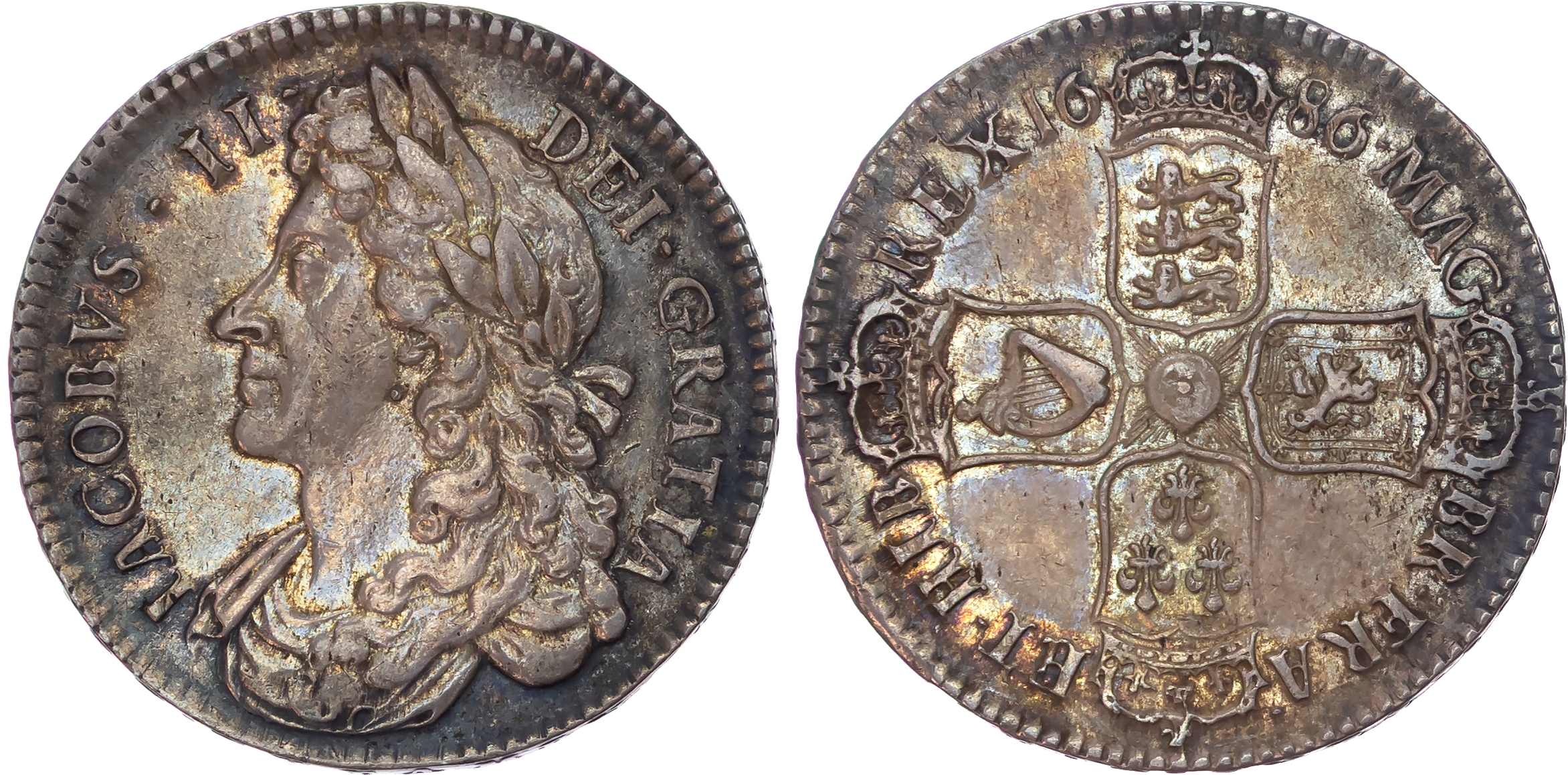 James II (1685-1688), AR Halfcrown, 1686, TERTIO.