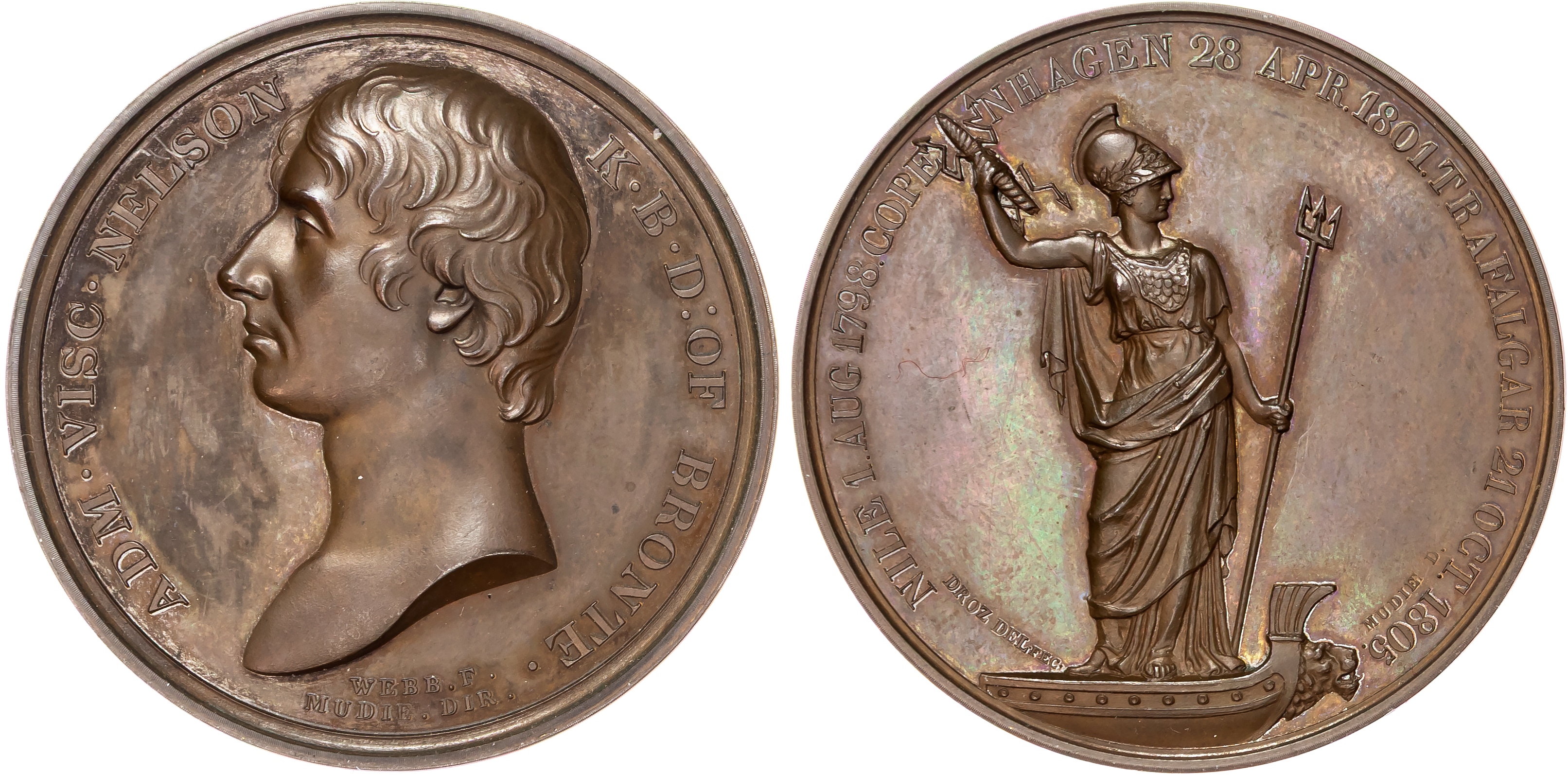 Horatio Nelson Memorial Commemorating the Battle of Trafalgar, AE medal 1805 by Webb and Droz.