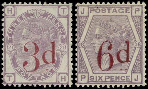1883 3d on 3d lilac Pl.21 & 6d on 6d lilac Pl.18.