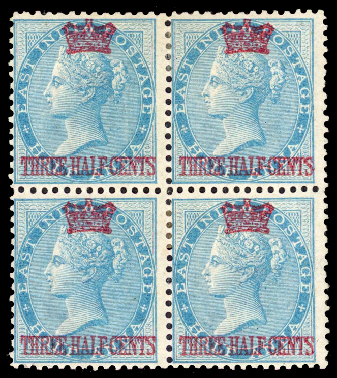 Straits Settlements SG 1 1867 1½c on ½a blue block of 4