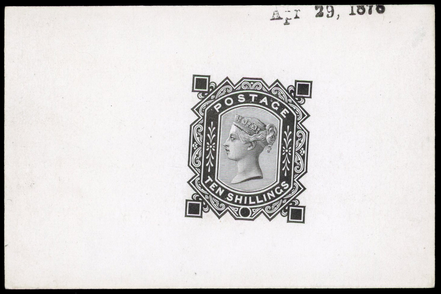 1878 10s Die proof. Printed in black on white glazed card