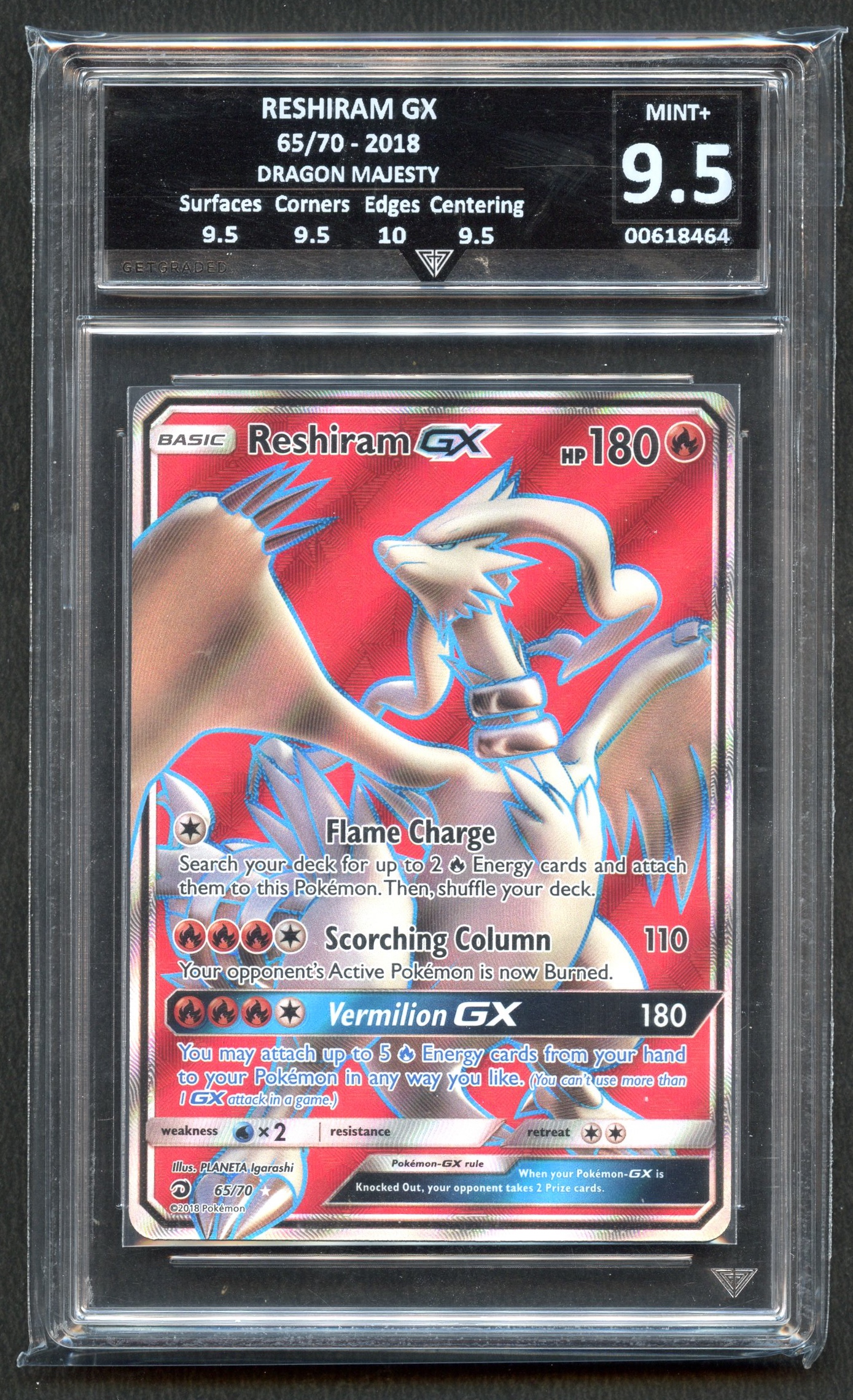 Get Graded 9.5 Reshiram GX #65/70 Dragon Majesty 