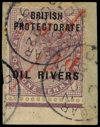 1893 (Sept.) ½d on half of 1d lilac unsevered pair, used on piece with parts of three Old Calabar CDSs of OC 22 94, fine. ...