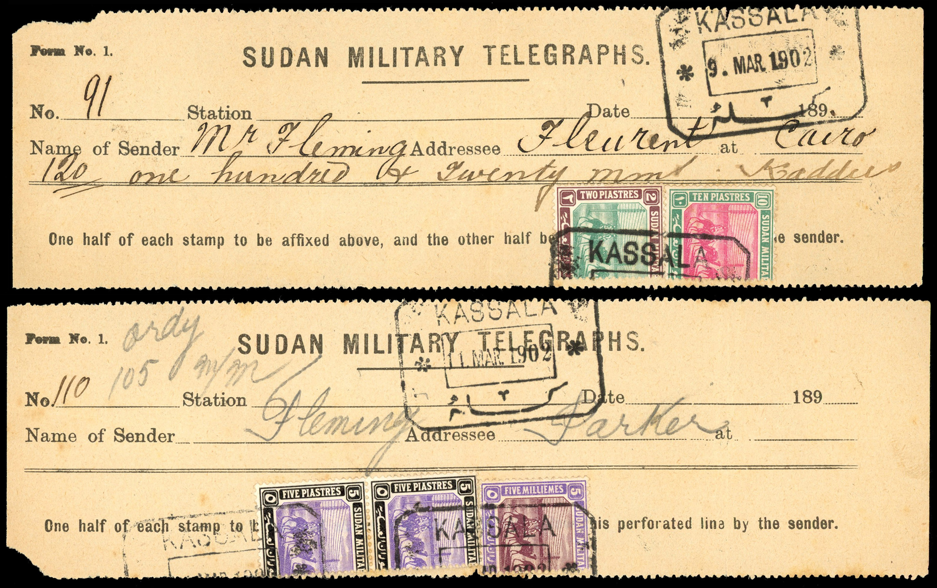 Sudan Military Telegraphs. 1902 pair of receipts bearing halves as per regulation