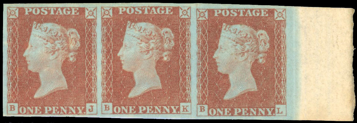 1841 1d Red-brown Pl.55. Unused o.g. strip of three