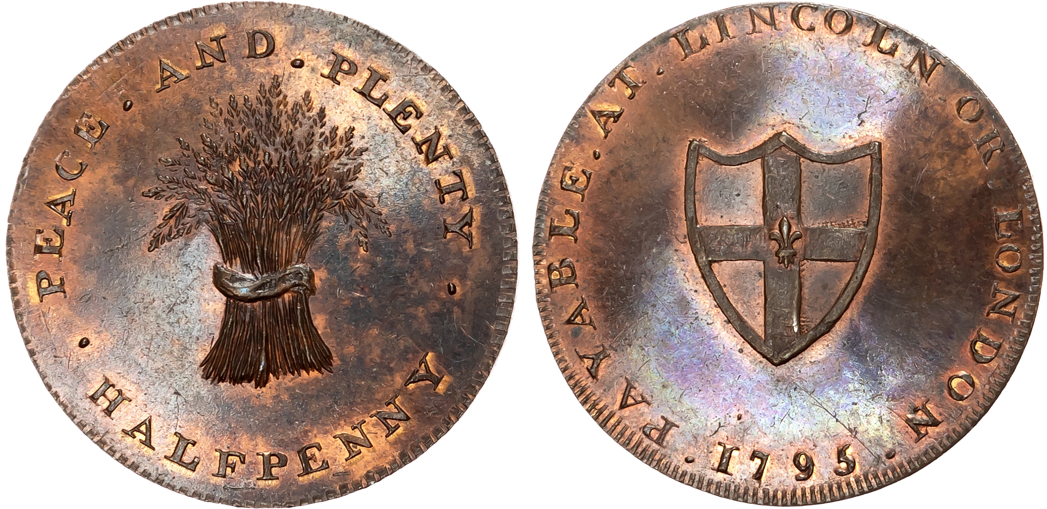Lincs.  Lincoln , Skidmore’s Halfpenny 1795, Wheatsheaf, rev. Arms of Lincoln, edge plain, 29.75mm/10.26gm. (DH 1). Gem  …