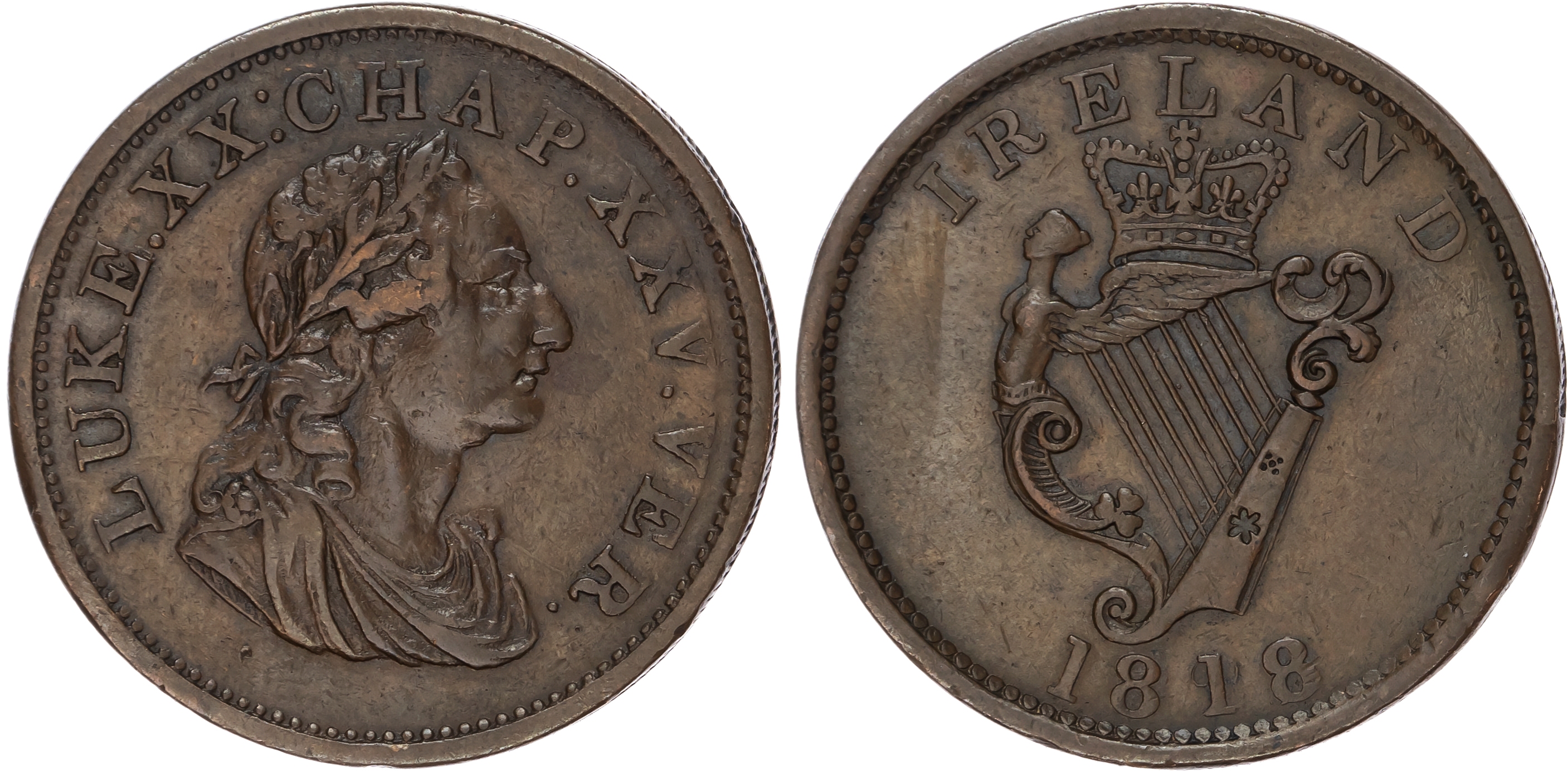 IRISH, NON LOCAL General Circulation Penny 1818, Laureate draped bust of George III right, LUKE.XX:CHAP.XXV VE…