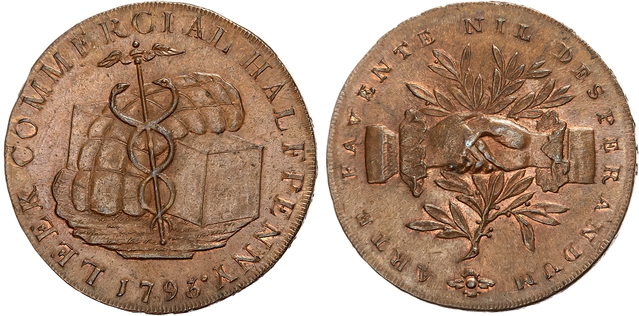Staffs.  Leek , Phillips & Ford (silk weavers?), Kempson’s Halfpenny 1793, Caduceus against bales, rev. clasped hands ov …