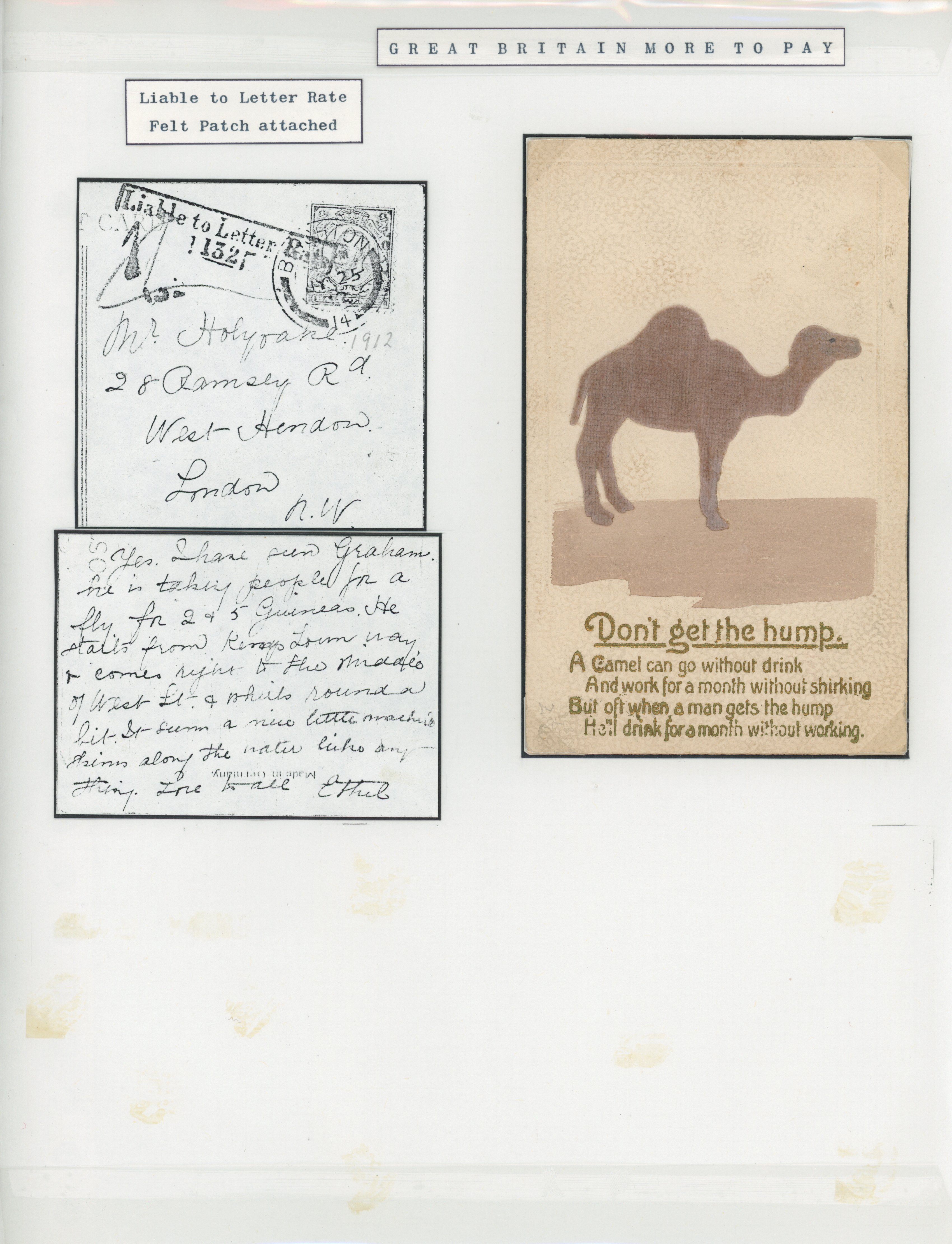 Great Britain 1912 novelty postcard with a felt patch attached of a camel