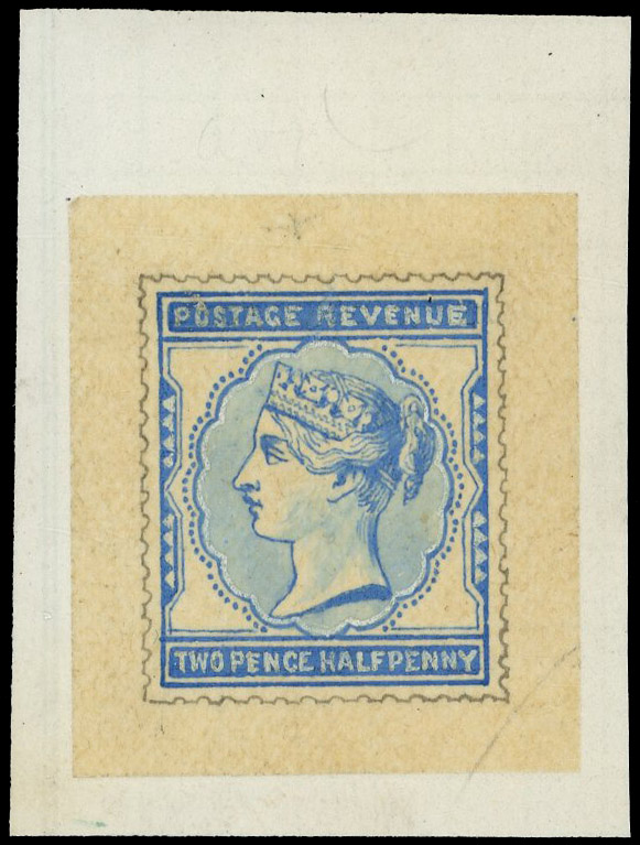 1881 2½d Blue. Superb hand painted essay from De La Rue’s first scheme painted on  tracing paper (29x34mm) in blue and C…