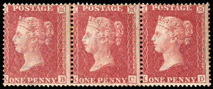 Great Britain 1857 1d Rose red Pl.47 (Provisional perf. 16). Very fine and fresh unused o.g. strip of three letter…