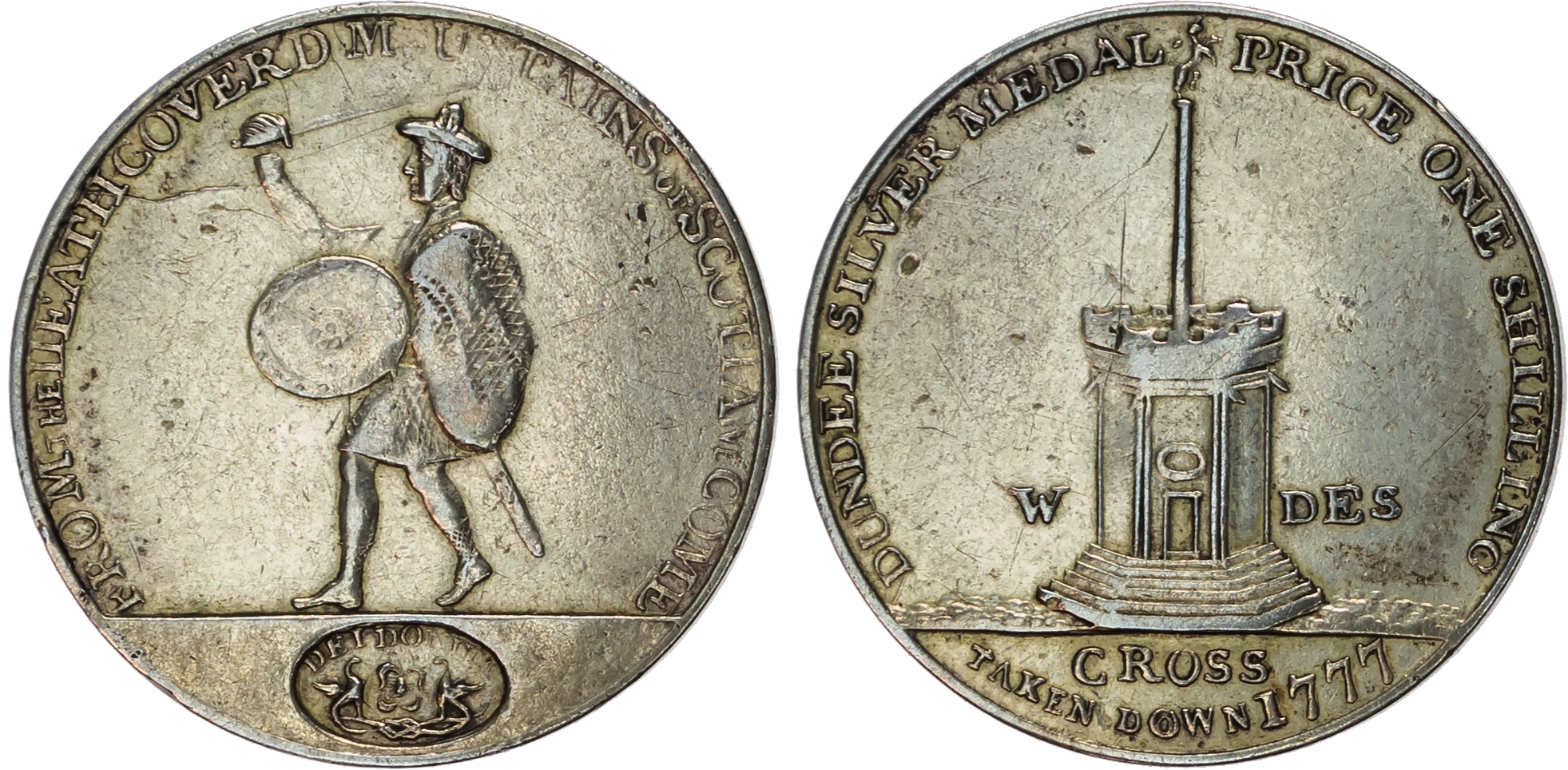 Angus. Dundee, James Wright Jr. silver Shilling 1797, Ancient market cross, rev. An armed highlander in kilt w…