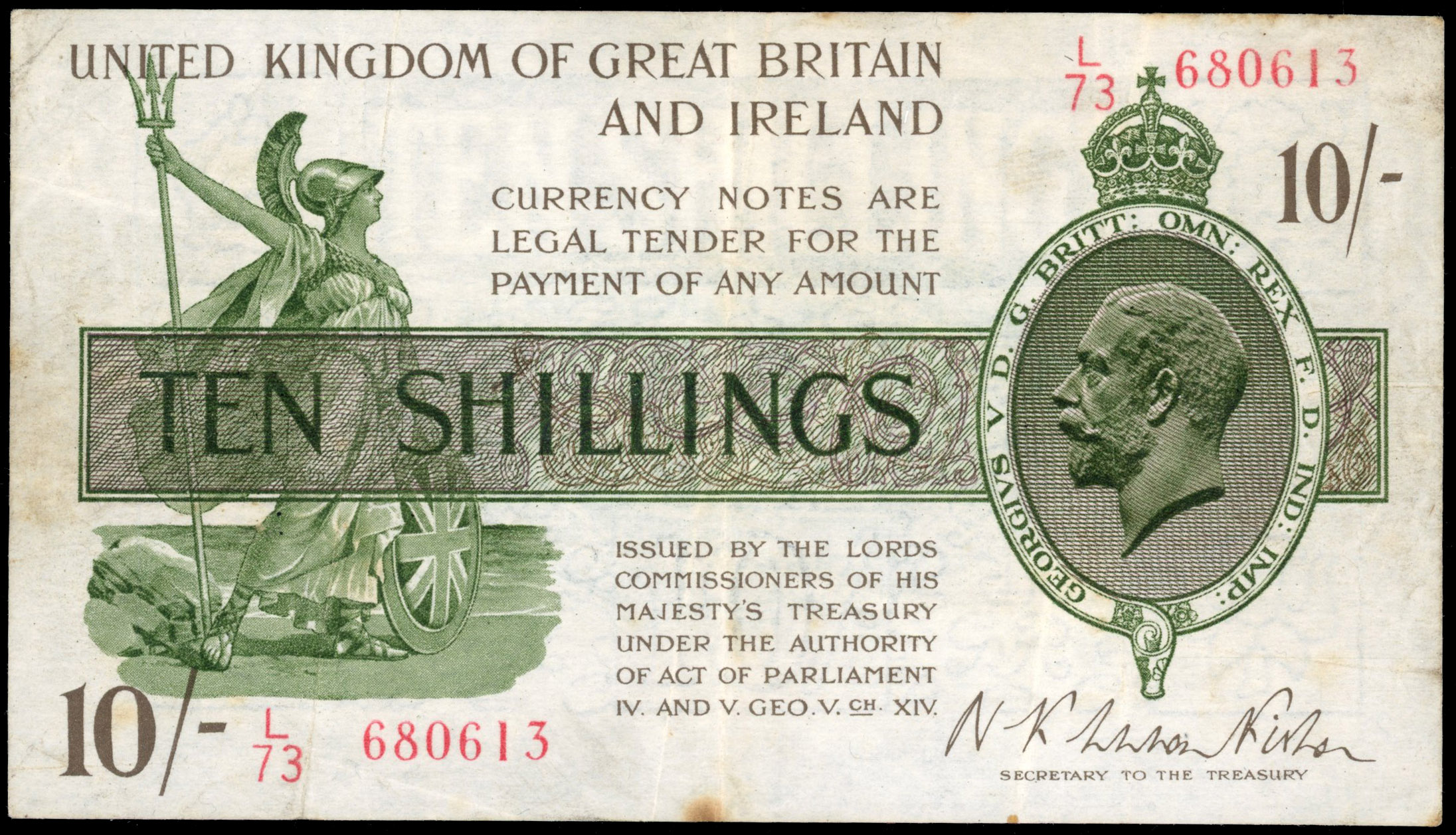 Treasury, N F Warren-Fisher (second issue), Ten Shillings, Nov. 1922, L/73 680613 in red, (Dugg. T30). Three m…