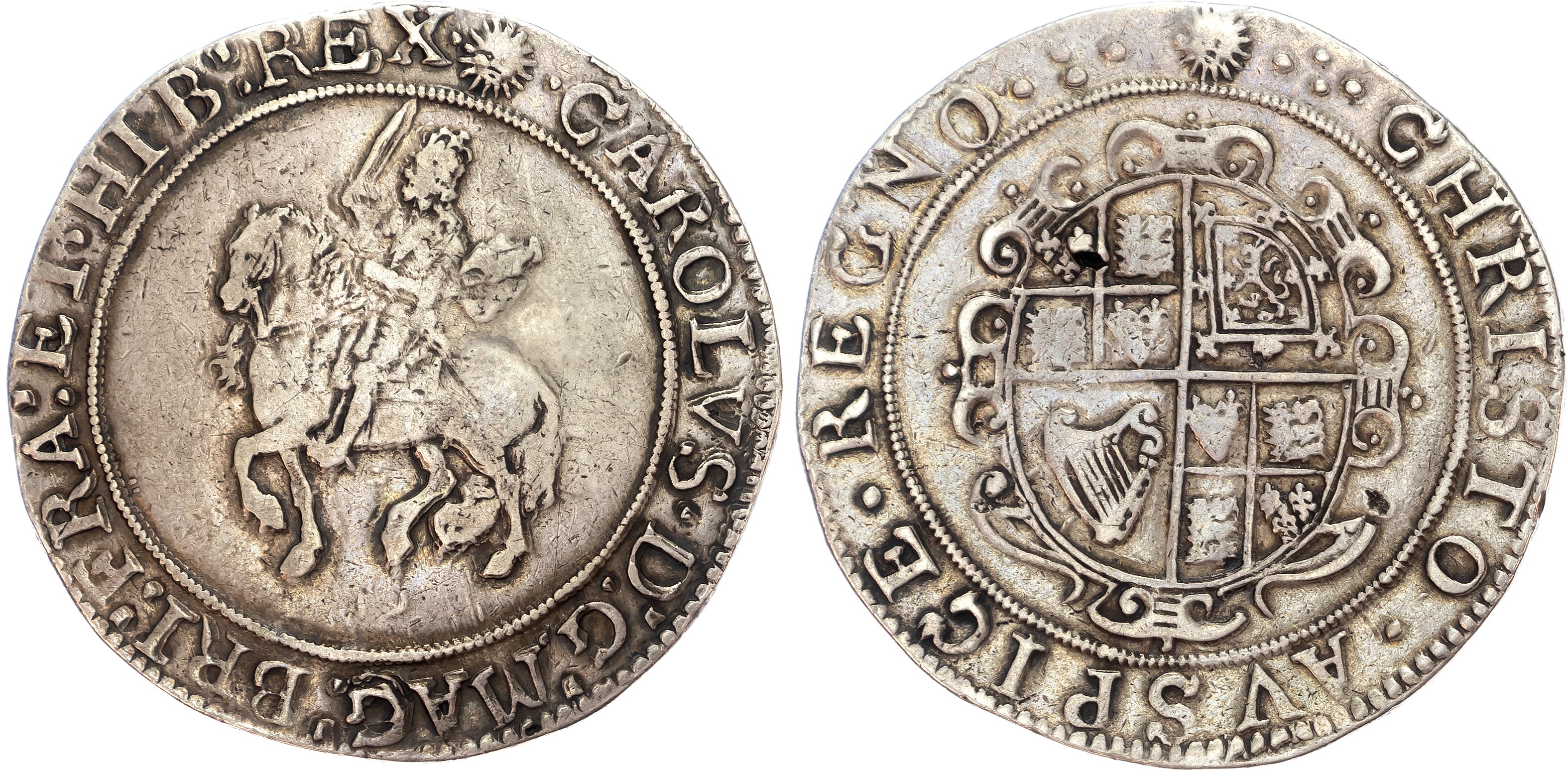 Charles I (1625-1649) Crown, group IV, fourth horseman, type 4, foreshortened horse, Tower mint under Parliament.