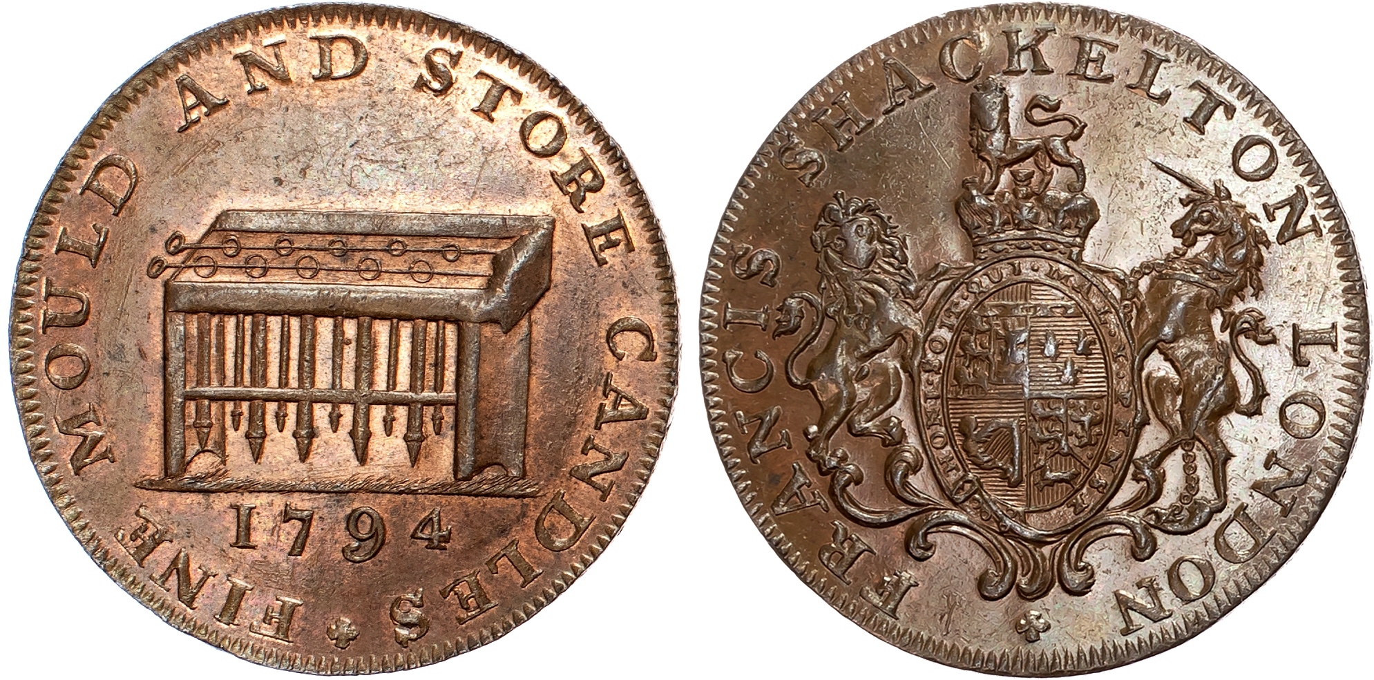 London – Long Acre , John Fowler (oil merchant) Halfpenny 1794, bust of Neptune, rev . Whale fishing scene, edge rounded …
