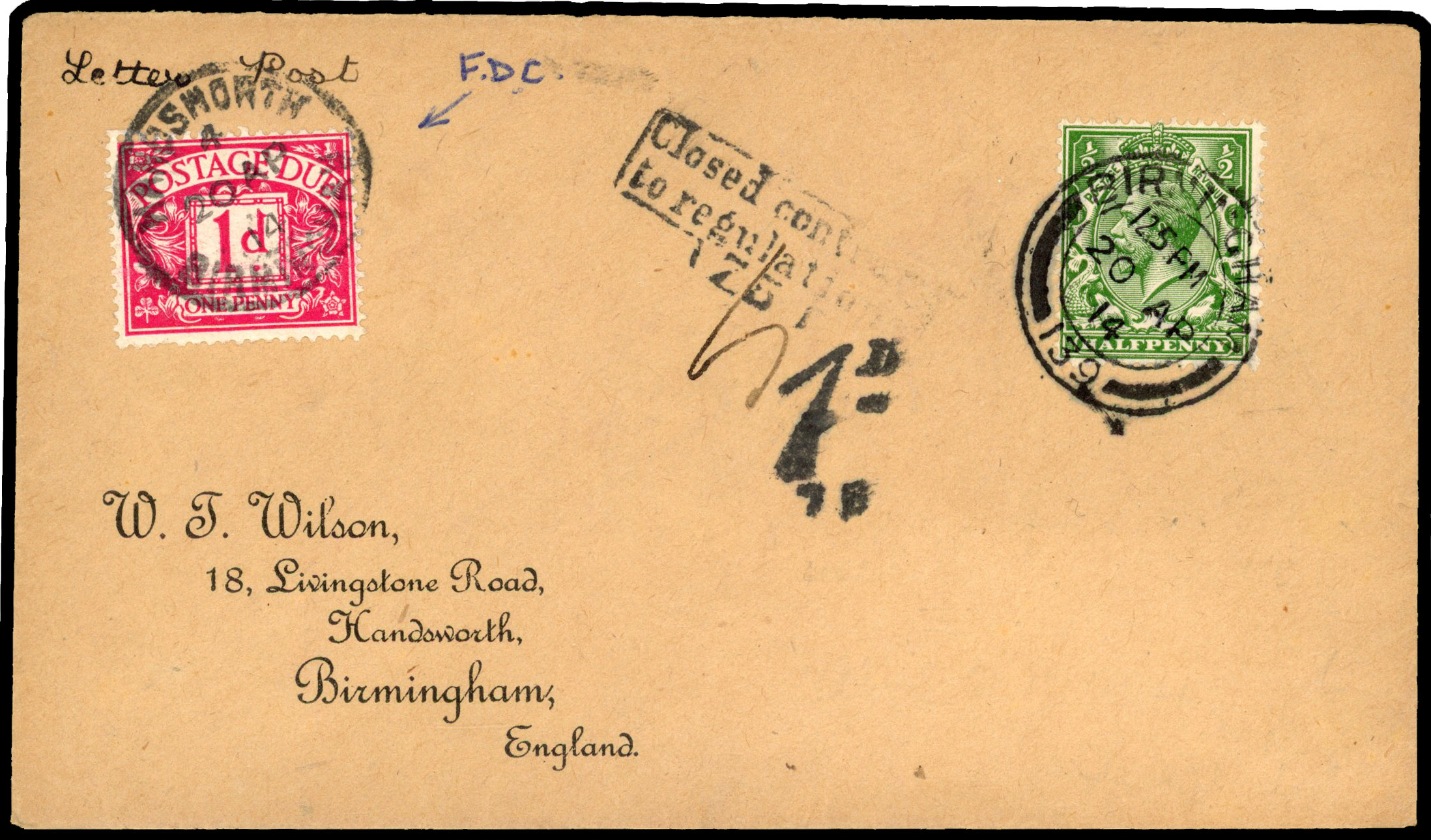 1914 1d Postage Due. Superb 'W T Wilson' cover bearing