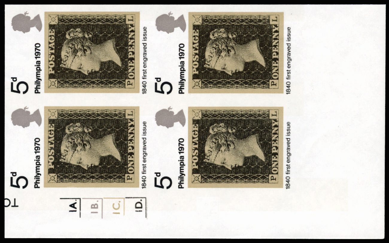 GB 1970 5d "Philympia 70" Stamp Exhibition. Superb unmounted o.g left hand corner marginal "1A.1B.1C.1D… SG835var