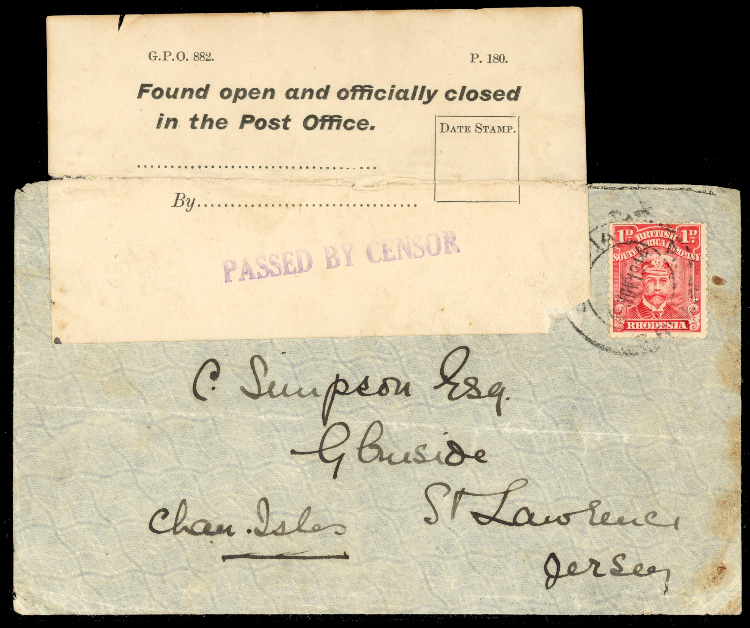 Rhodesia 1d Admiral on 1914 'officially closed' censored cover