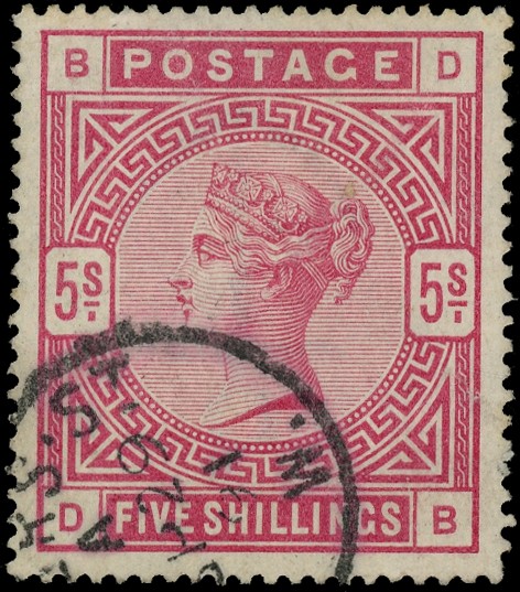 Great Britain 1883-84 5/- crimson used wmk inverted SG 180Wi 