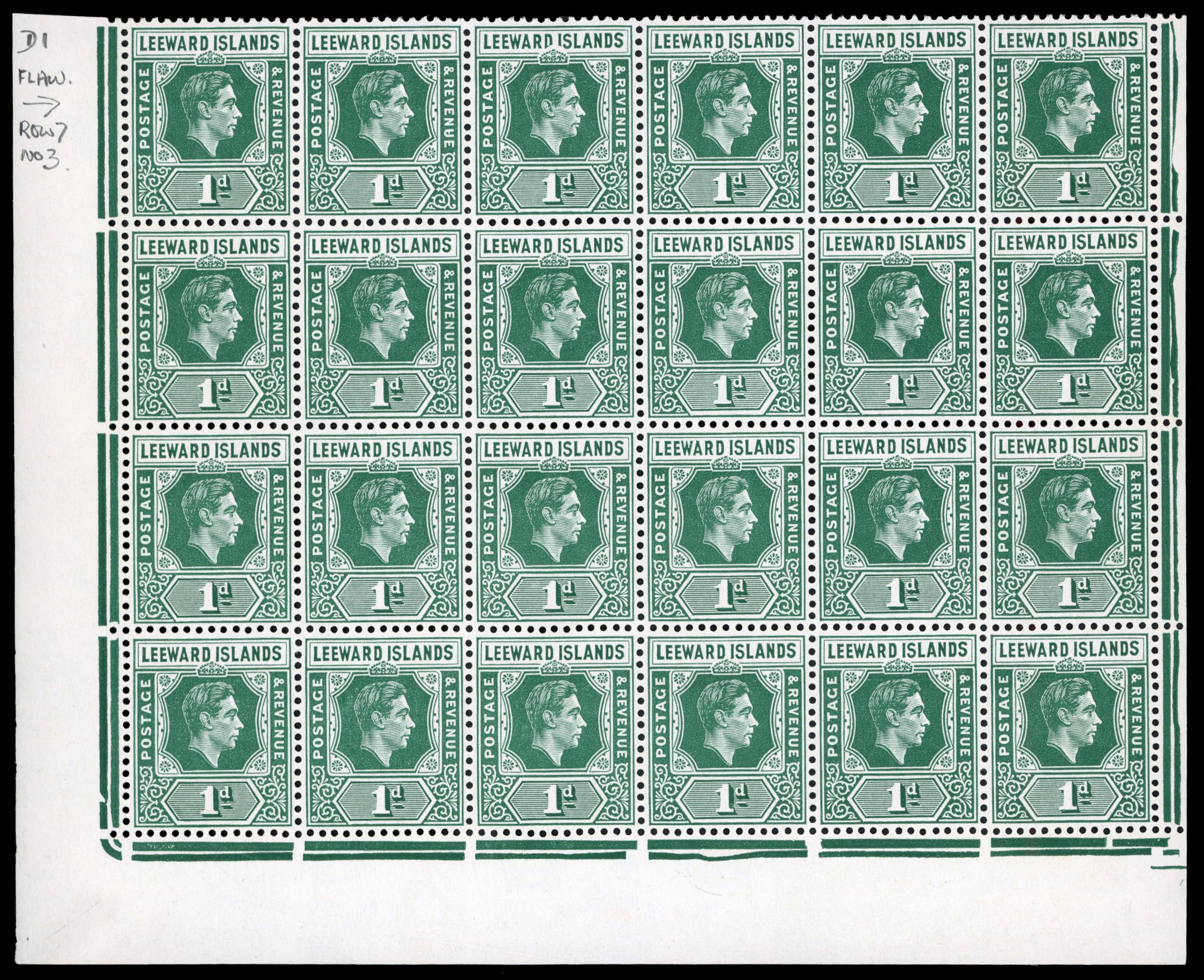 Leeward Islands SG 100a 1949 1d green 'DI' flaw block mint