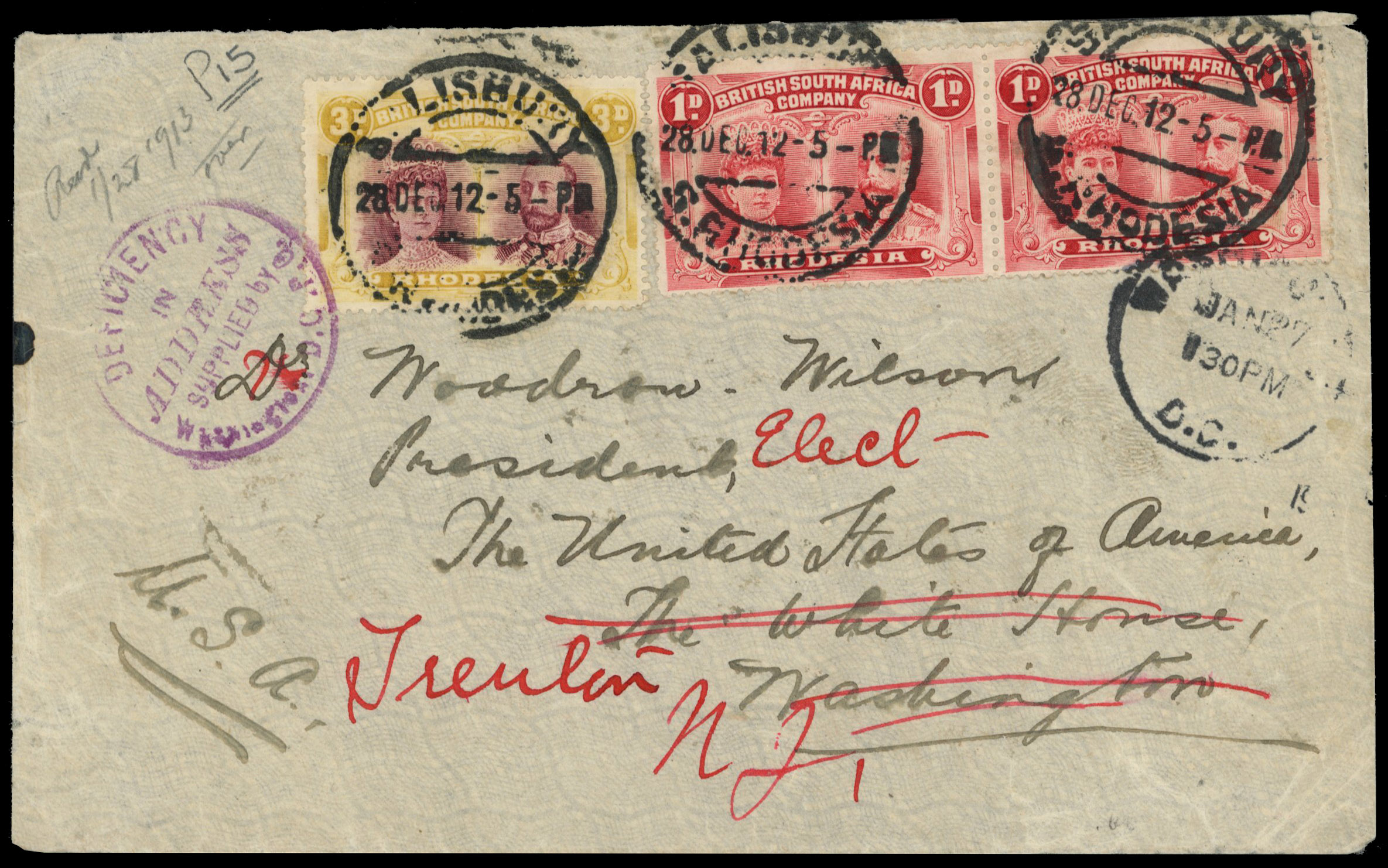 3d claret and pale yellow-ochre perf 15 SG 173a, with pair of perf 14 1ds, on cover to USA