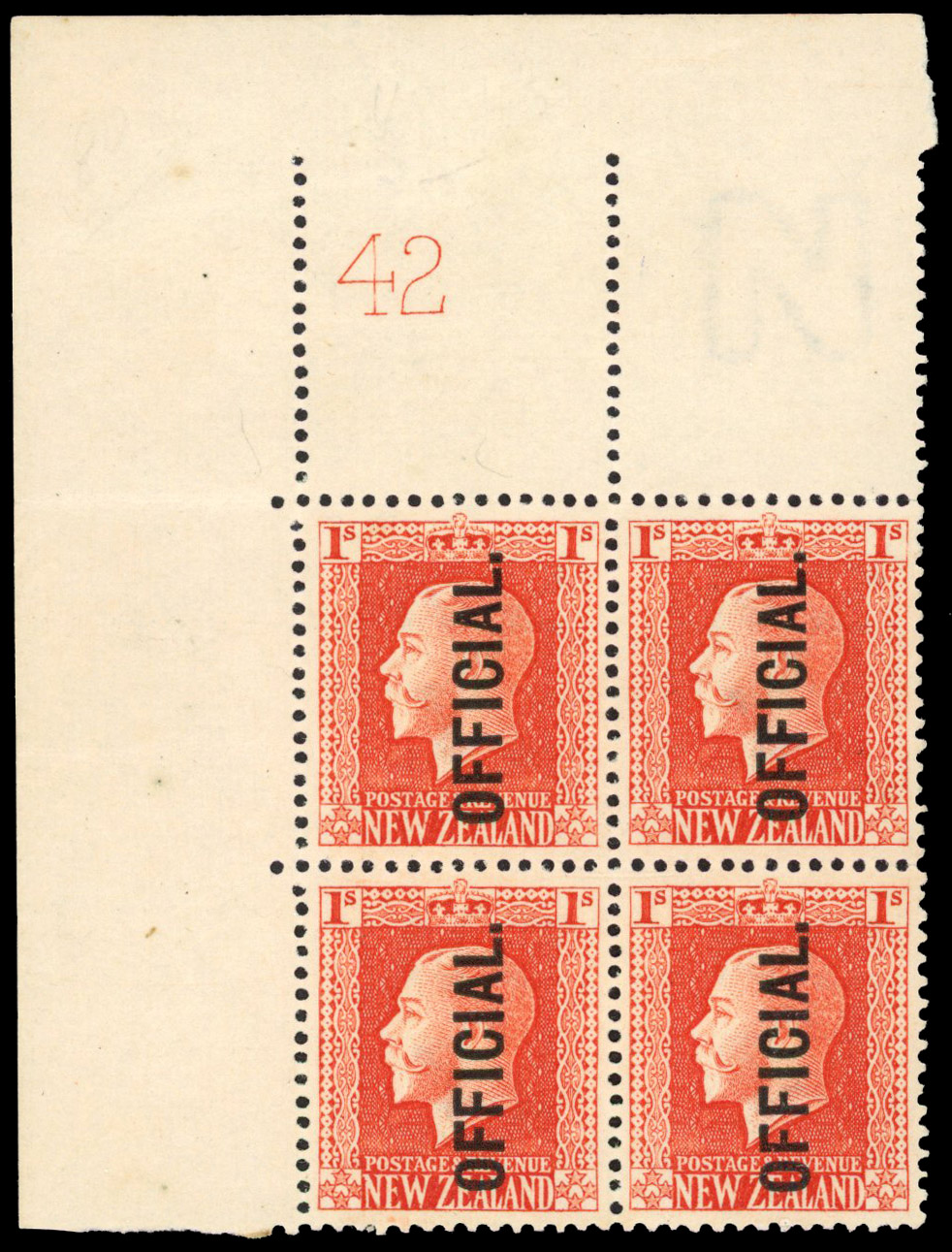 New Zealand 1915-27 official 1s vermilion perf 14x14½ plate block of 4