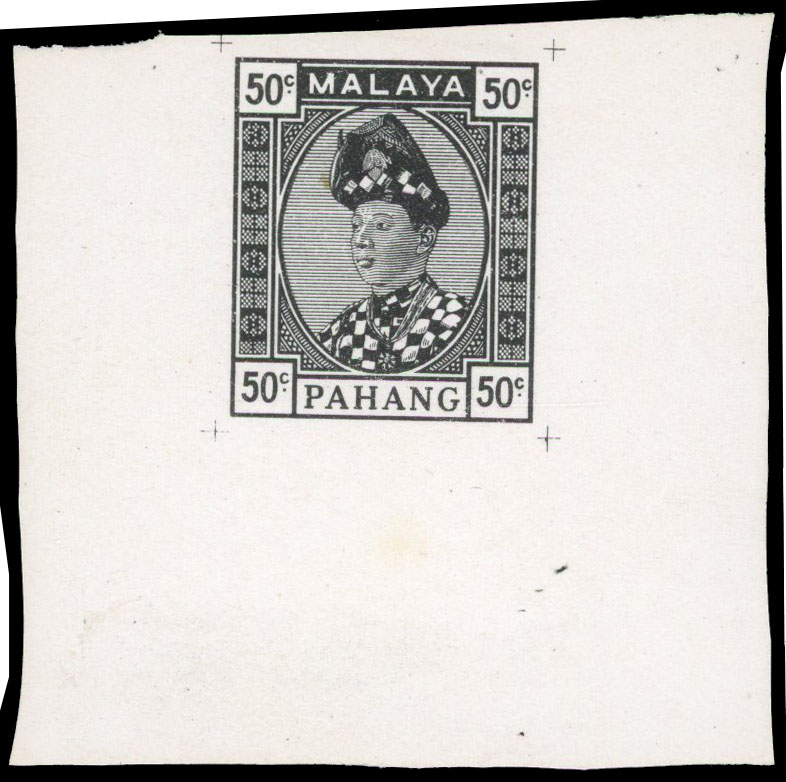 1933-34 Survey Department essay in black on glazed paper, 50c Sultan Sir Abu Bakar (46x47mm) (Norris type Q)