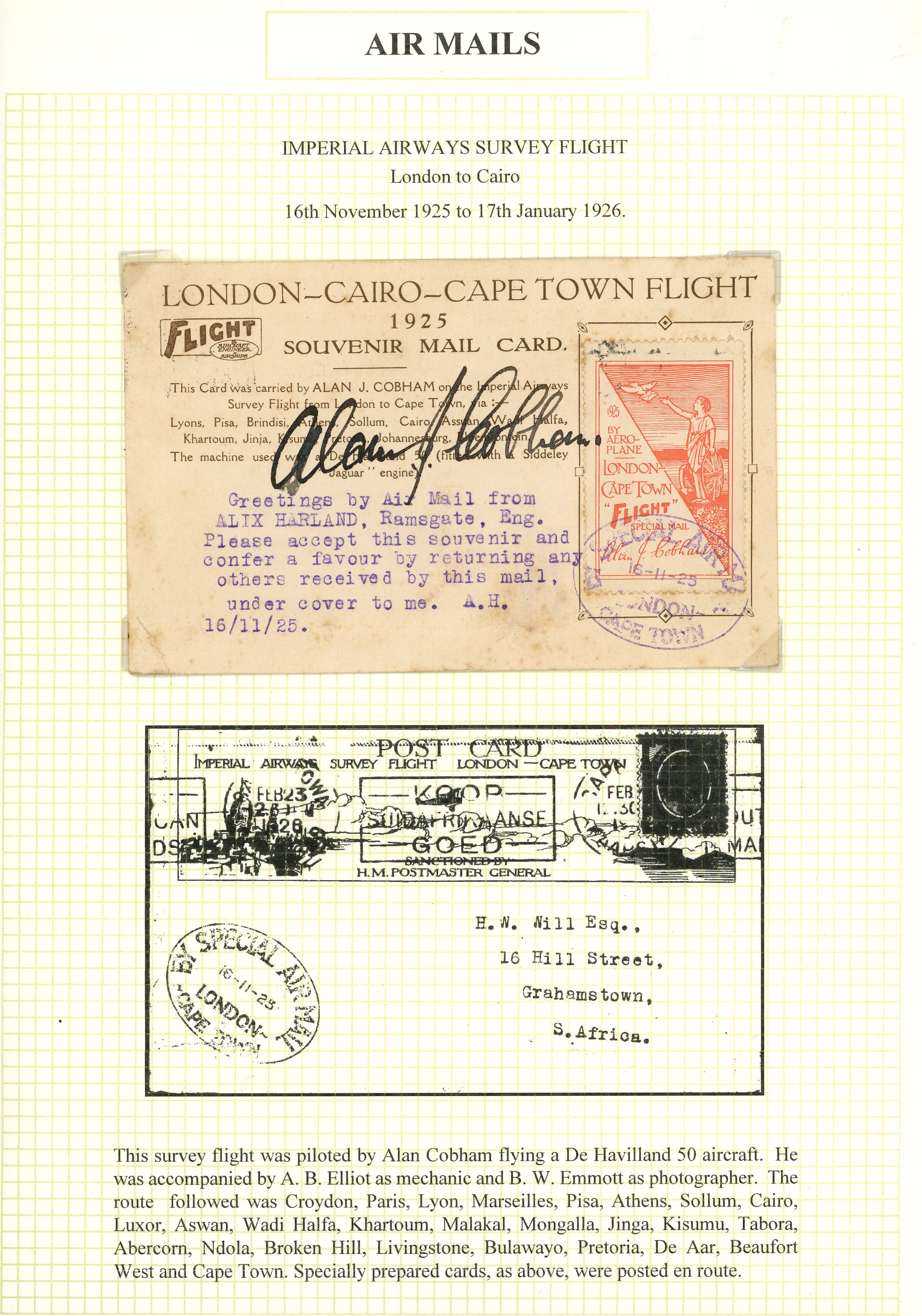 EGYPT:  1925(16th Nov) First Flight, London to Cairo (IST LEG) printed souvenir stationery postcard with cachet