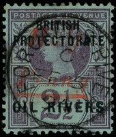 1893 ½d on 2½d handstamped Type 7 in vermilion, full Forcados River CDS FE 5 94.  SG 21,...
