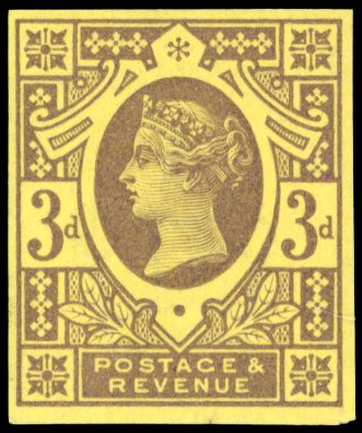 GB 1887-92 3d purple on yellow paper, Pl. 4, imperforate imprimatur, For SG 202