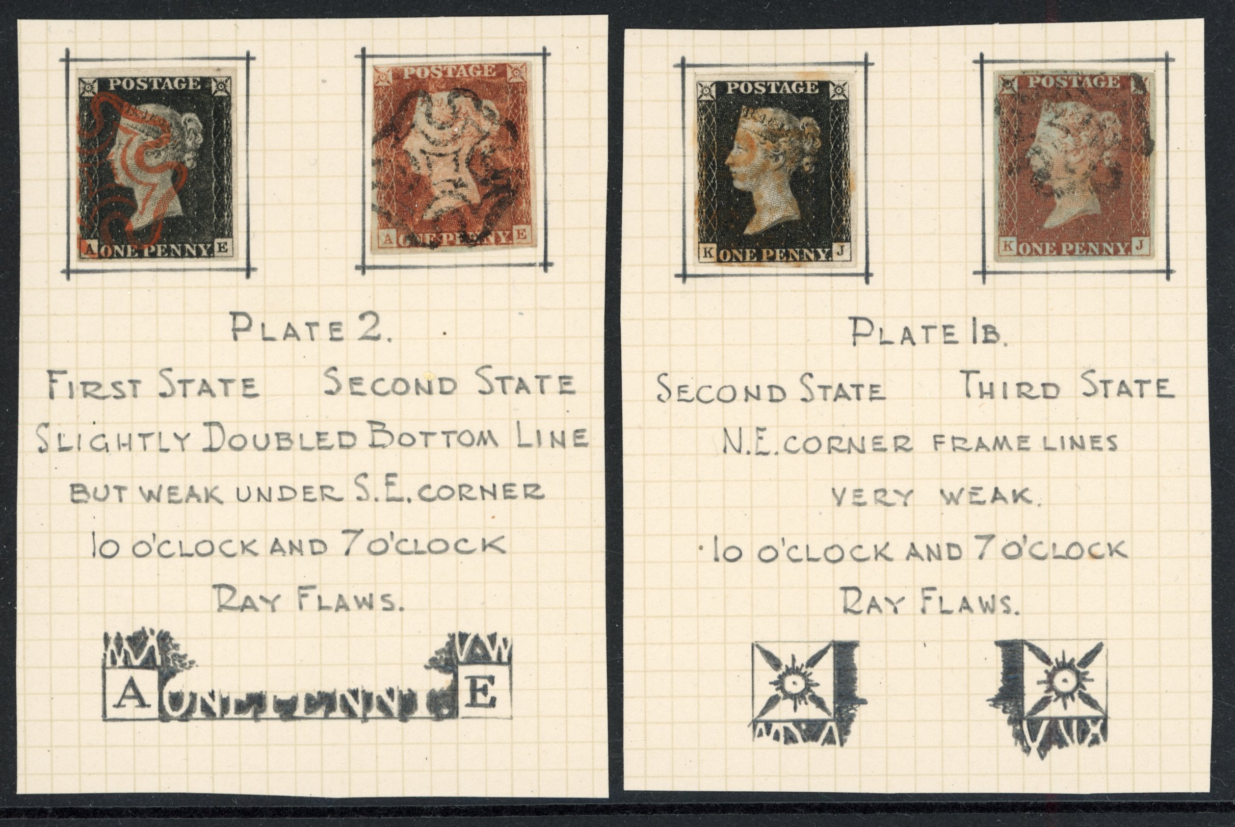 GB 1840 1d black interesting collection on leaves 