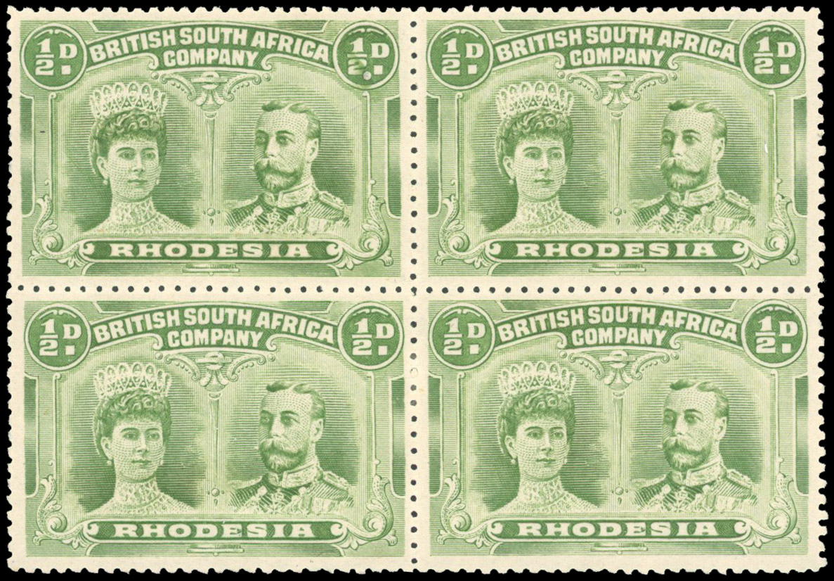 Rhodesia 1910-13 ½d pale green perf 14 with Double Dot flaw