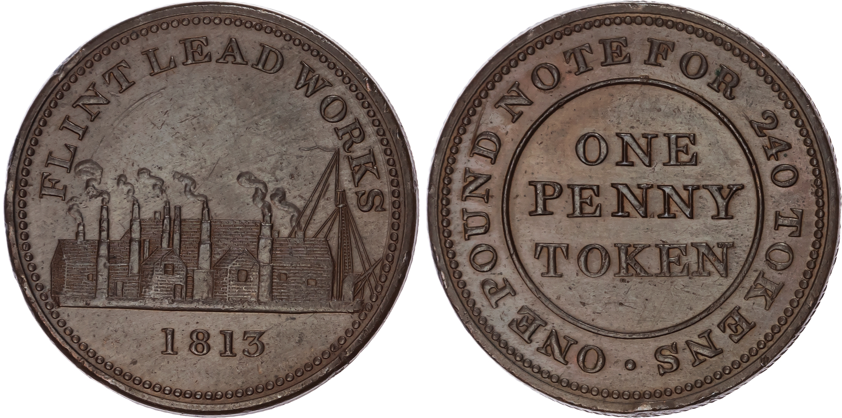 FLINT, Flints. George Roskell of the Flint Lead Works Penny 1813, View of smelting works with 11 chimneys, rev…